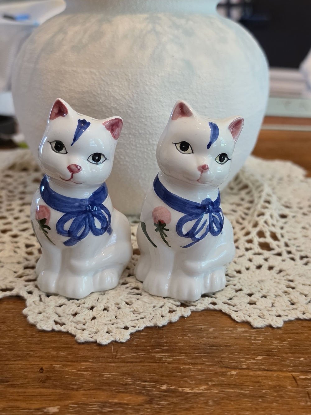 Hand-Painted Ceramic Cat Salt and Pepper Shakers - White with Blue Accents